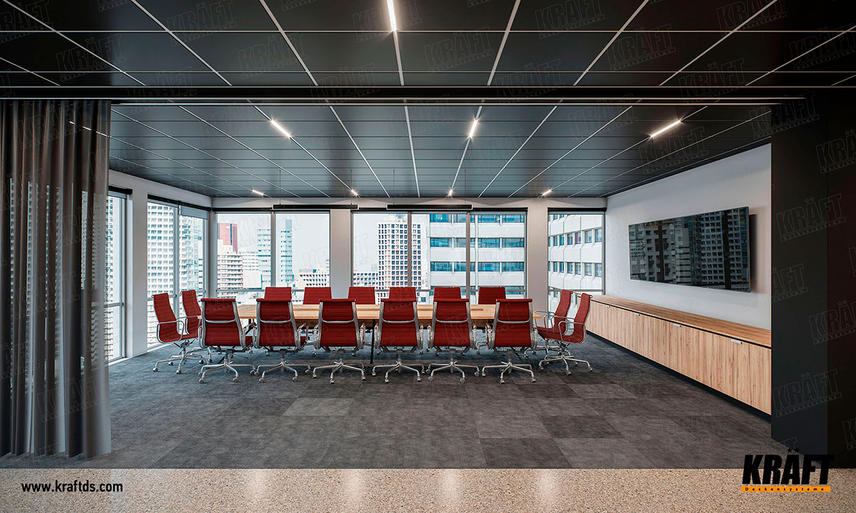 Sufit podwieszany z wykorzystaniem niestandardowej listwy kubicznej i płyt metalowych KRAFT