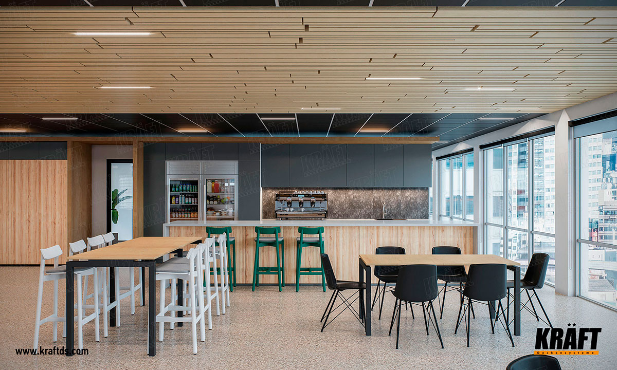 Sufit podwieszany z wykorzystaniem niestandardowej listwy kubicznej i płyt metalowych KRAFT