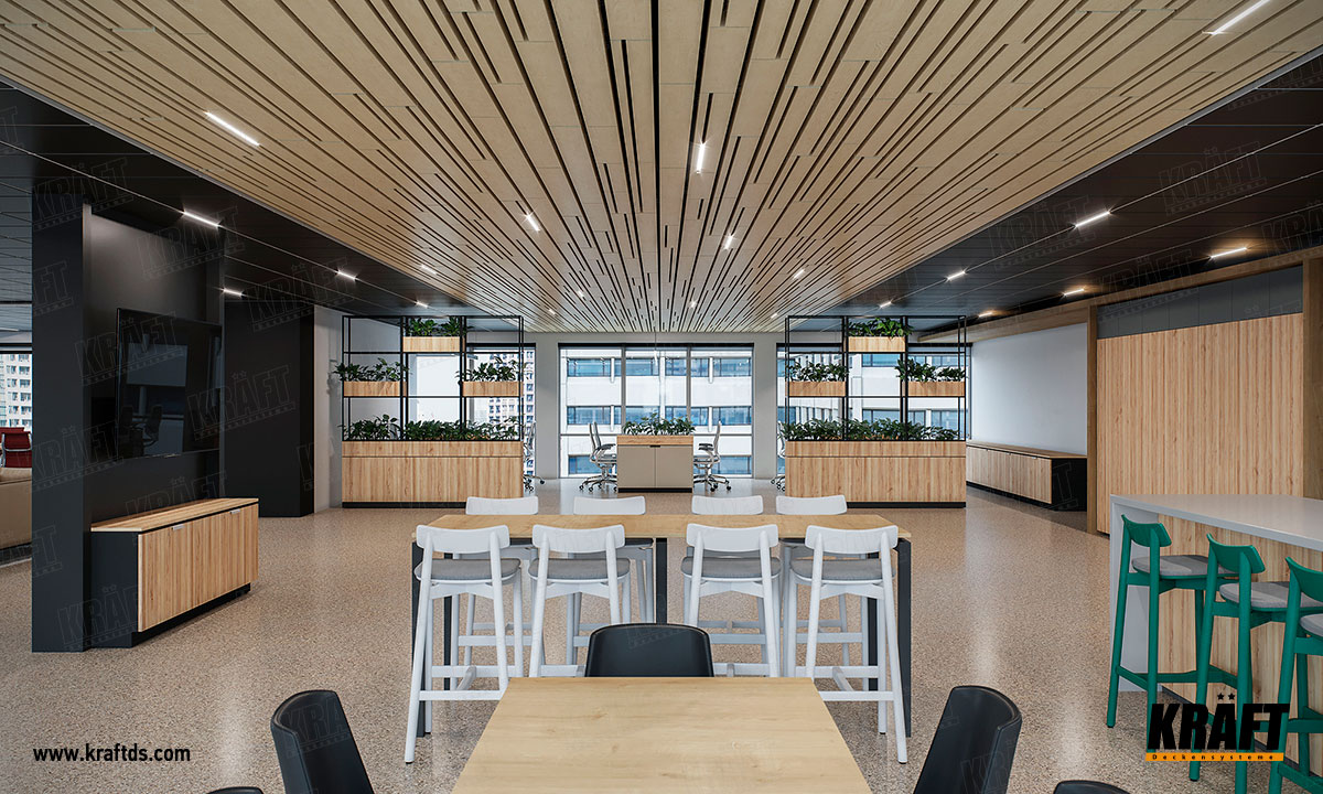 Sufit podwieszany z wykorzystaniem niestandardowej listwy kubicznej i płyt metalowych KRAFT