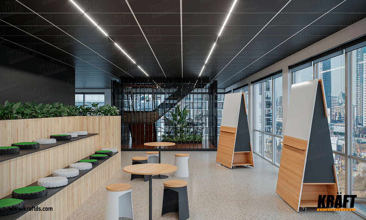 Sufit podwieszany z wykorzystaniem niestandardowej listwy kubicznej i płyt metalowych KRAFT