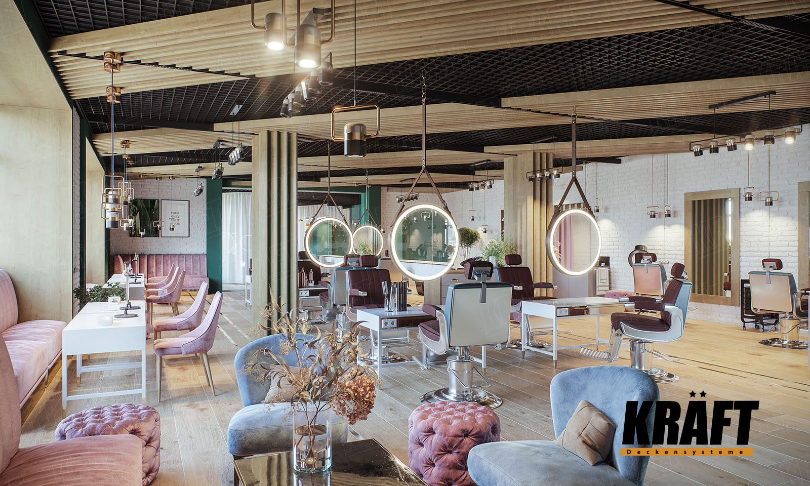 Idealnym rozwiązaniem konstrukcyjnym od firmy KRAFT dla sufitu podwieszanego w salonie kosmetycznym jest sufit rastrowy w połączeniu z listwą kubiczną.