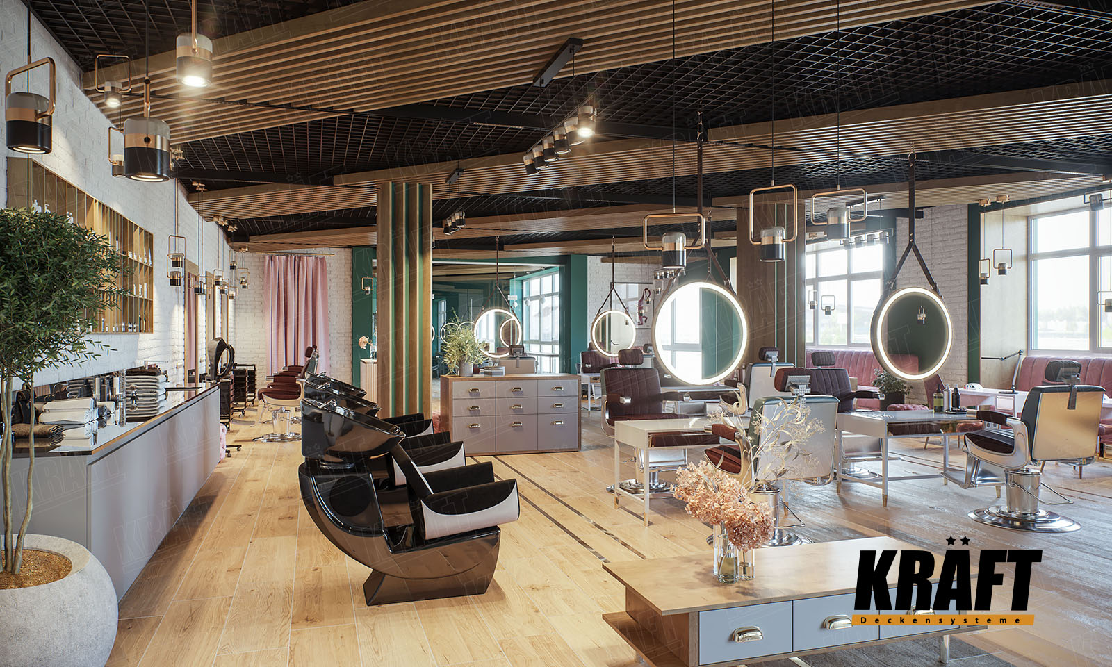 Idealnym rozwiązaniem konstrukcyjnym od firmy KRAFT dla sufitu podwieszanego w salonie urody jest sufit rastrowy w połączeniu z listwą kubiczną.