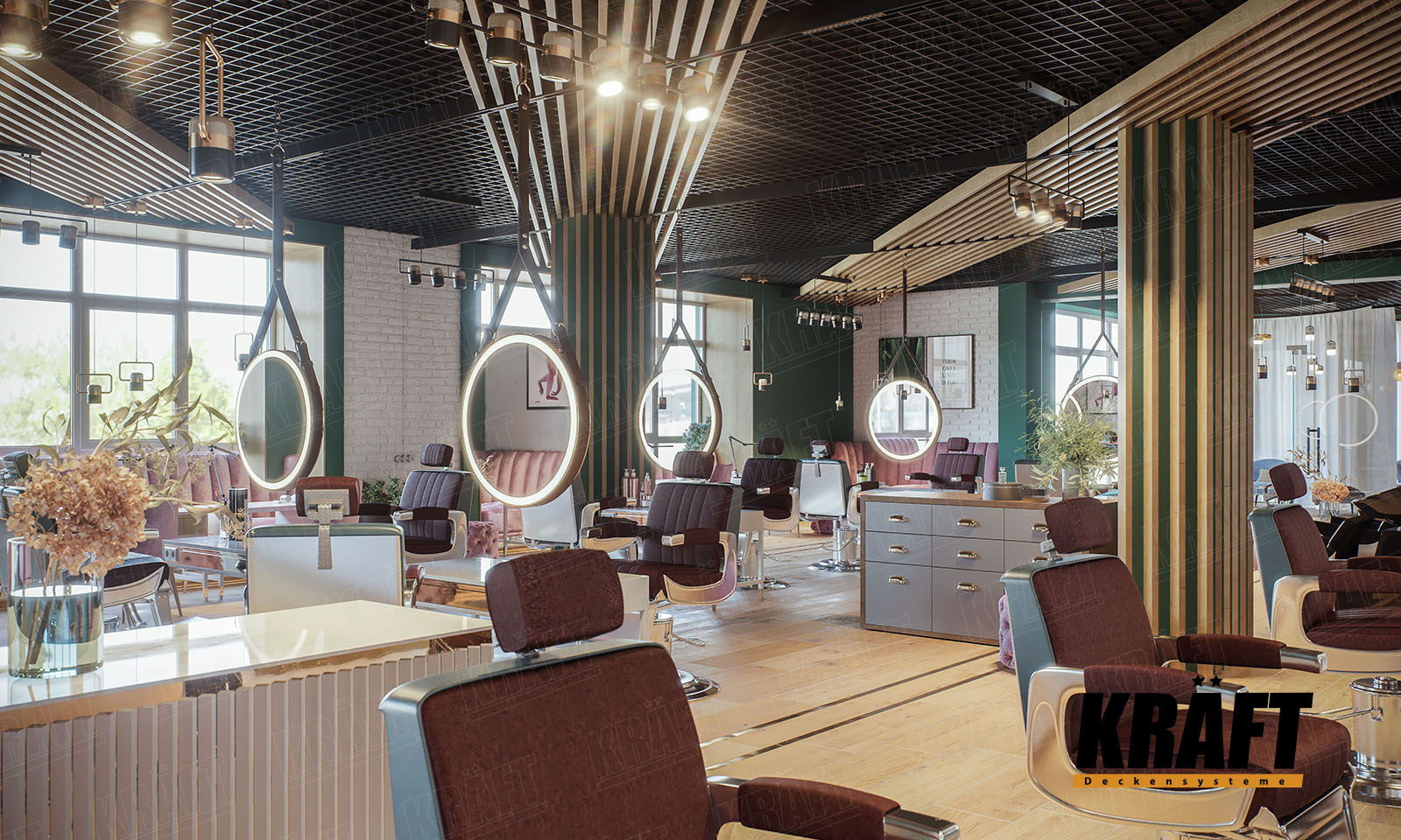 Idealnym rozwiązaniem konstrukcyjnym od firmy KRAFT dla sufitu podwieszanego w salonie urody jest sufit rastrowy w połączeniu z listwą kubiczną.