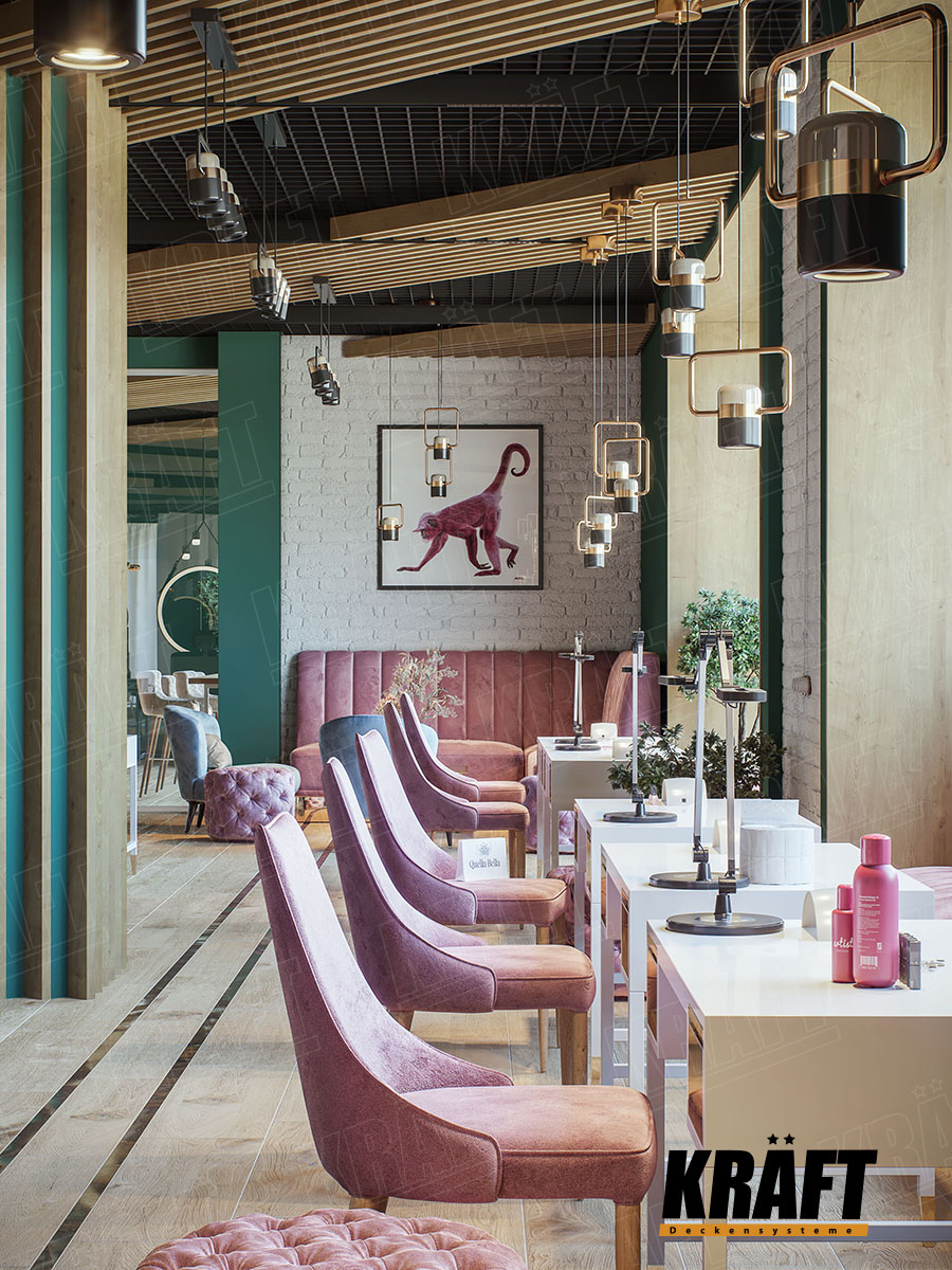 Idealnym rozwiązaniem konstrukcyjnym od firmy KRAFT dla sufitu podwieszanego w salonie urody jest sufit rastrowy w połączeniu z listwą kubiczną.