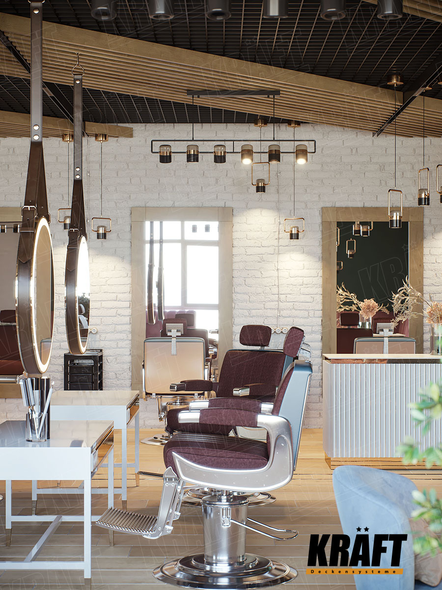 Idealnym rozwiązaniem konstrukcyjnym od firmy KRAFT dla sufitu podwieszanego w salonie urody jest sufit rastrowy w połączeniu z listwą kubiczną.