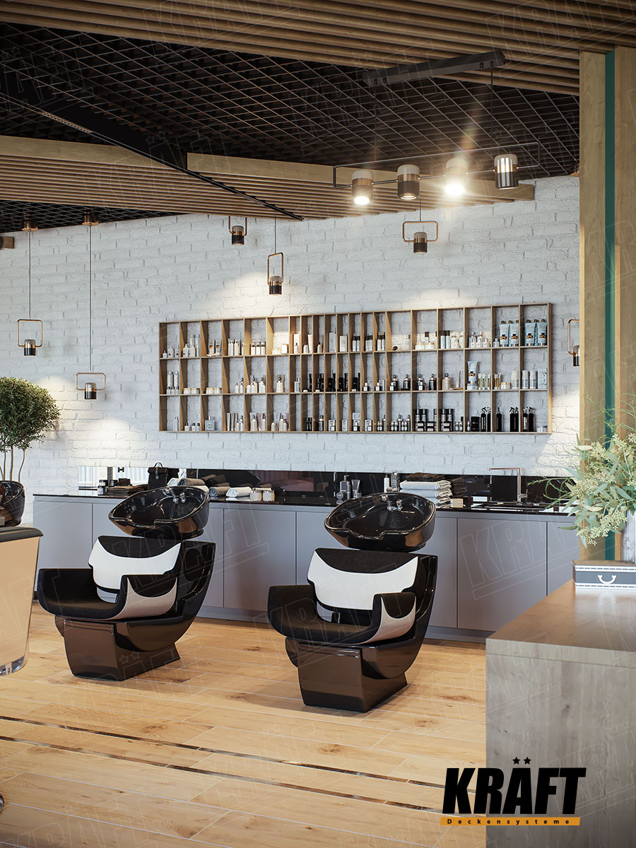 Idealnym rozwiązaniem konstrukcyjnym od firmy KRAFT dla sufitu podwieszanego w salonie urody jest sufit rastrowy w połączeniu z listwą kubiczną.