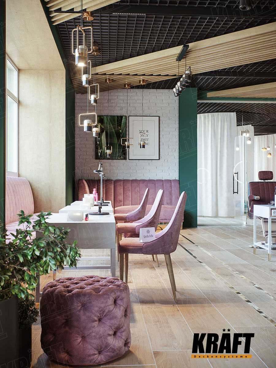 Idealnym rozwiązaniem konstrukcyjnym od firmy KRAFT dla sufitu podwieszanego w salonie urody jest sufit rastrowy w połączeniu z listwą kubiczną.