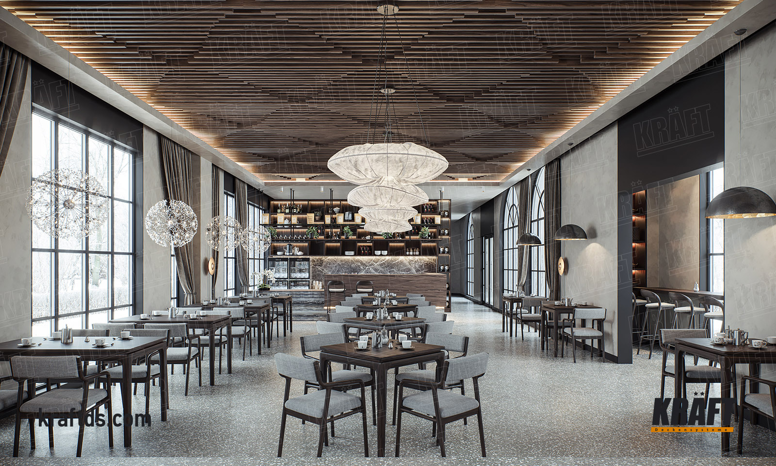 sufit podwieszany z listwy kubicznej KRAFT w sali restauracyjnej