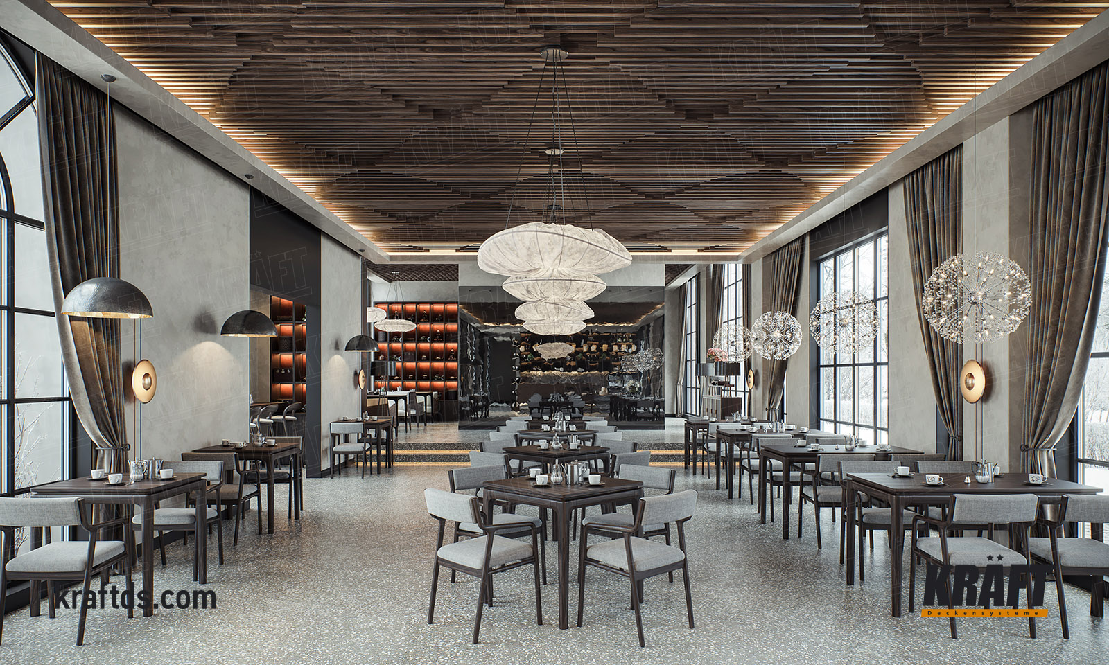 sufit podwieszany z listwy kubicznej KRAFT w sali restauracyjnej