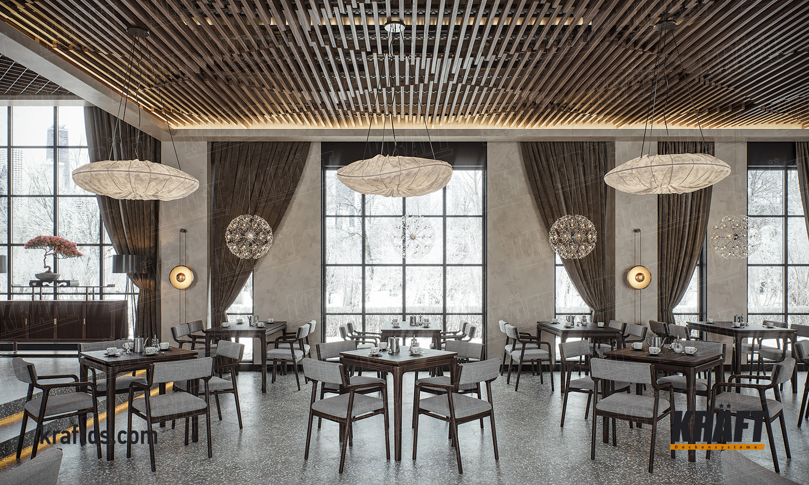 sufit podwieszany z listwy kubicznej KRAFT w sali restauracyjnej
