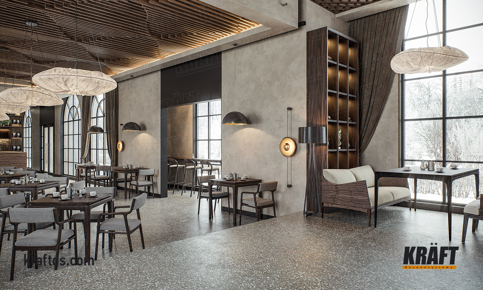 sufit podwieszany z listwy kubicznej KRAFT w sali restauracyjnej