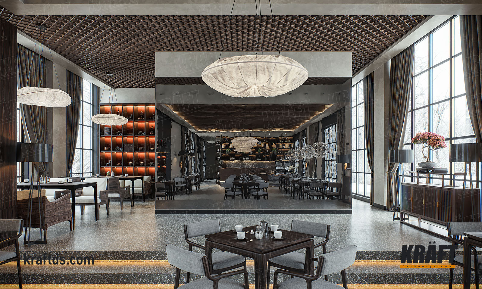 sufit podwieszany z listwy kubicznej KRAFT w sali restauracyjnej