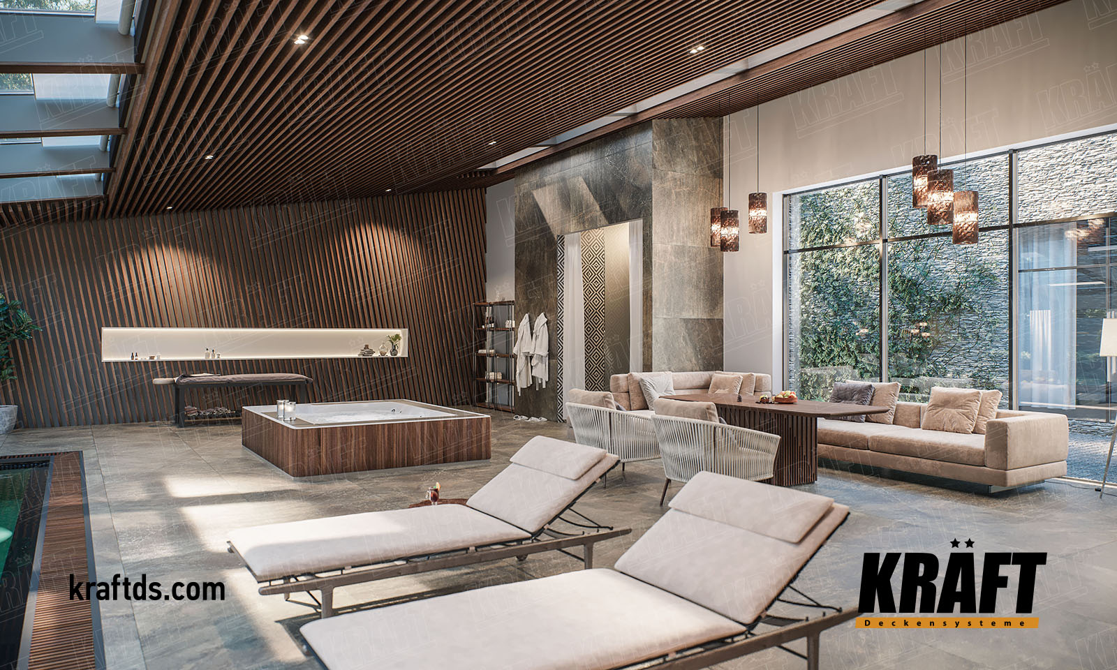 listwa kubiczna KRAFT o fakturze drewna we wnętrzu basenu