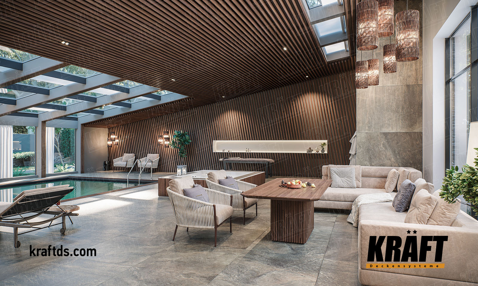 listwa kubiczna KRAFT o fakturze drewna we wnętrzu basenu