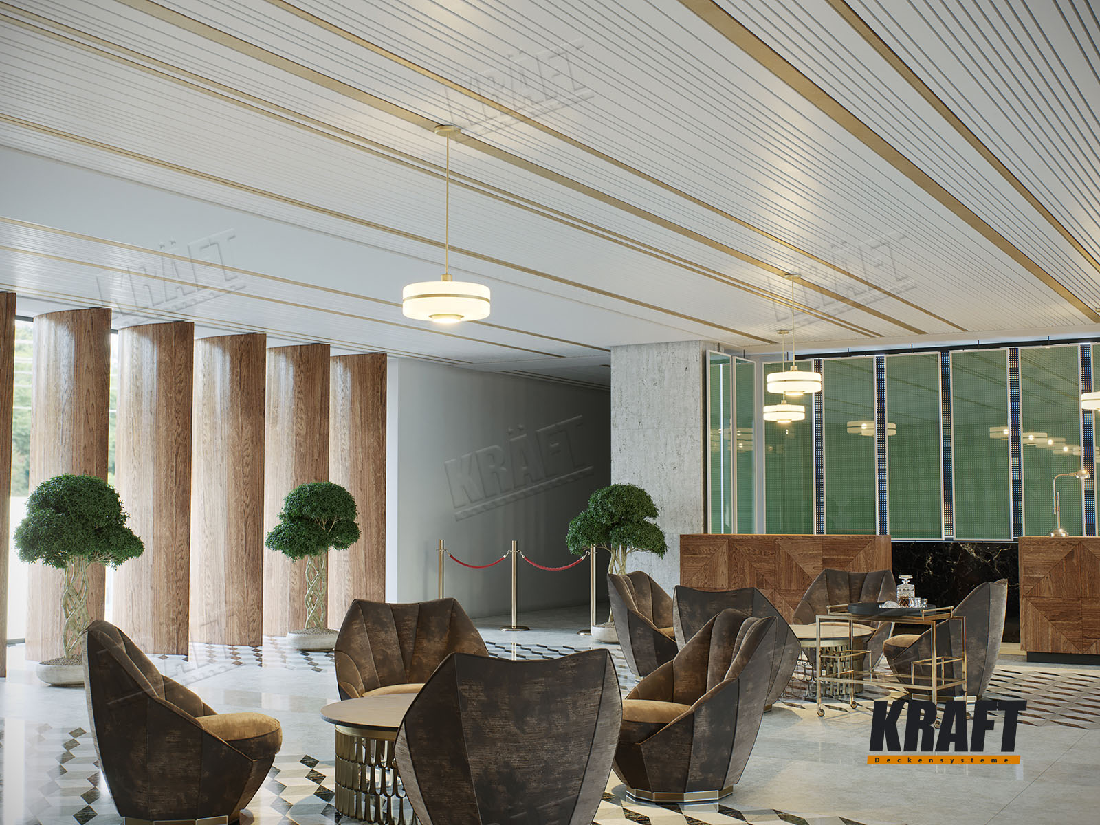 Sufity listwowe KRAFT można rozcieńczyć pojedynczymi listwami w innym kolorze na całej długości pomieszczenia Sufity listwowe KRAFT