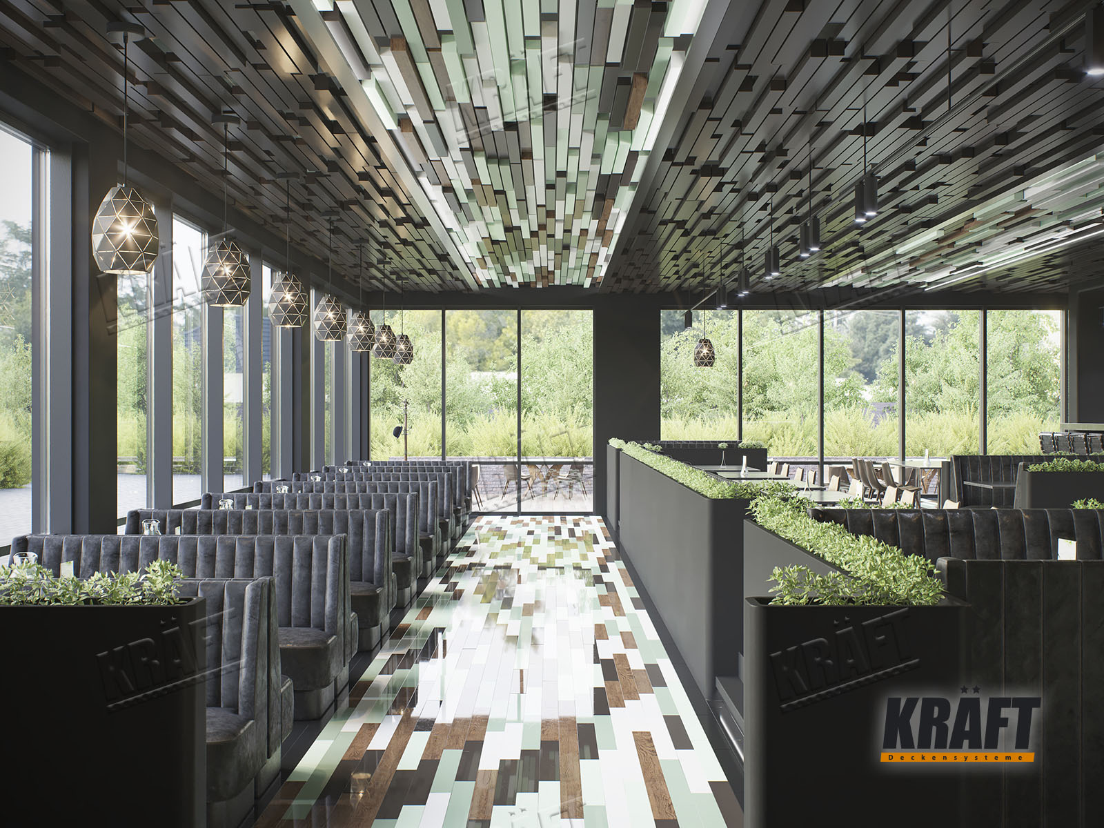 Można też po prostu uczynić sufit abstrakcyjnym płótnem. Дизайнерский реечный подвесной потолок KRAFT в интерьере ресторана