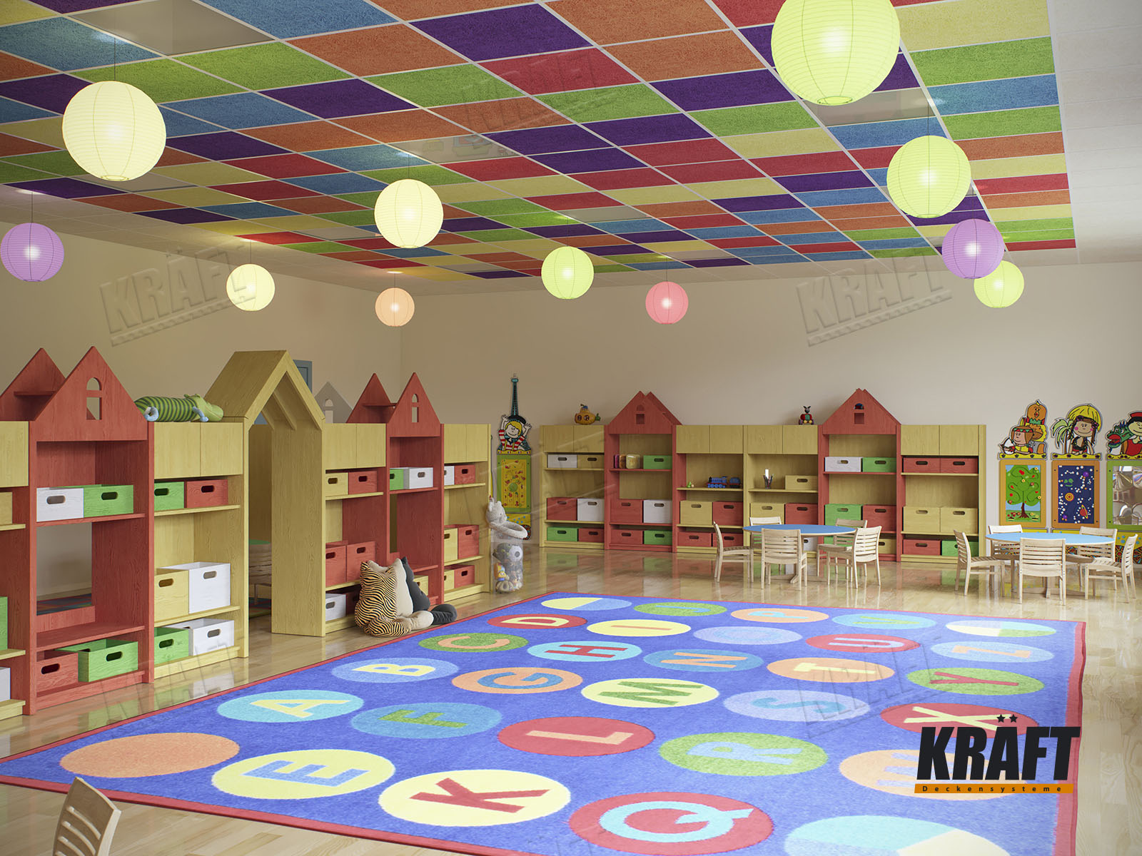 Акустичні панелі KRAFT WoodAcoustic різного кольору в інтер'єрі дитячої кіснати