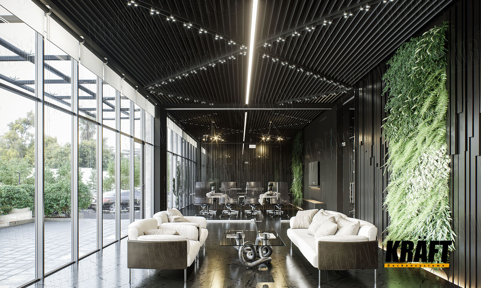 Suspended ceiling with plate-shaped rail, Wall cladding with cube-shaped rail