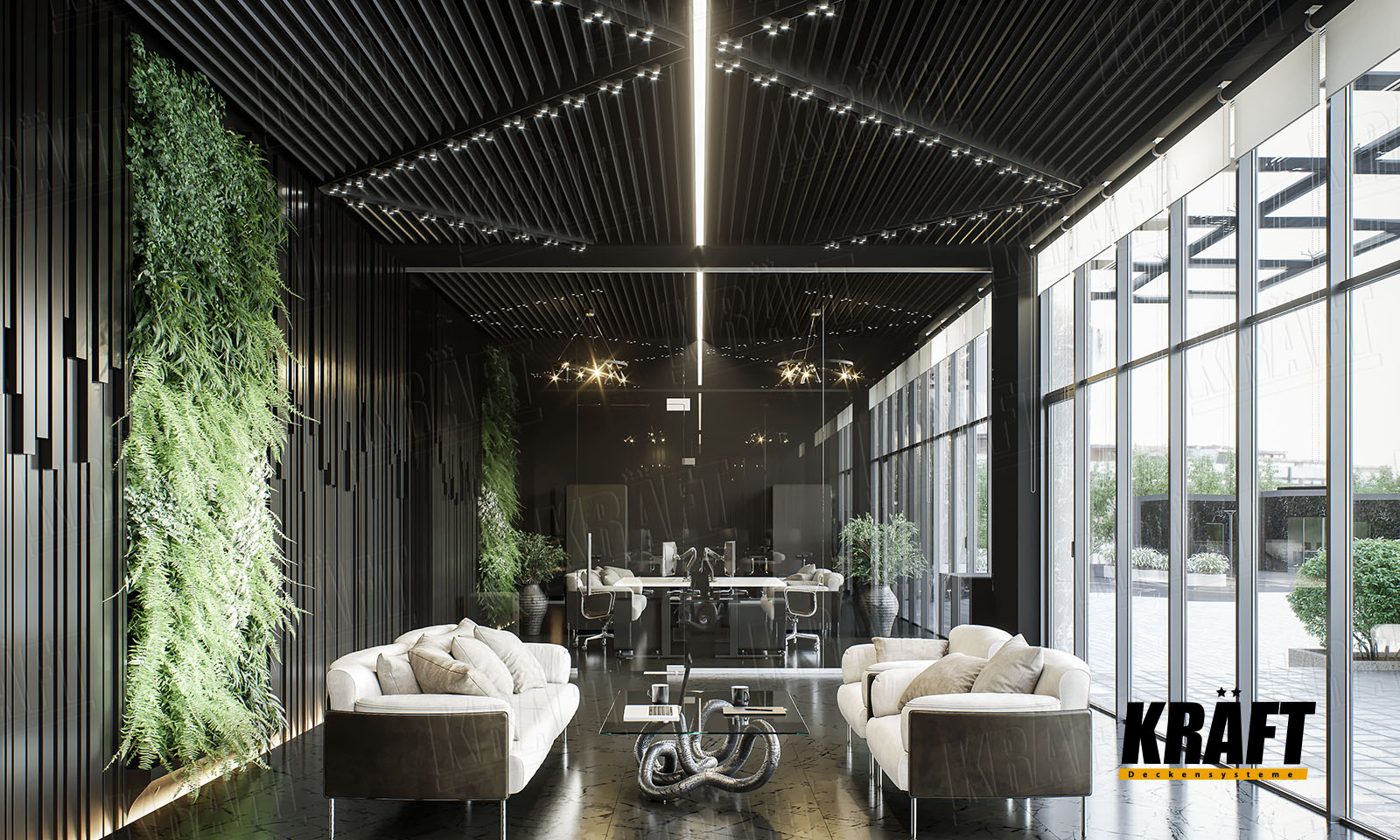 Suspended ceiling with plate-shaped rail, Wall cladding with cube-shaped rail