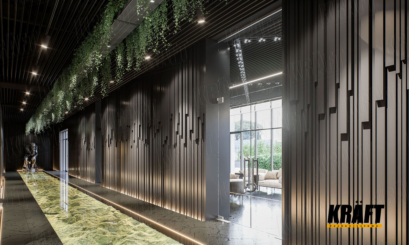 Suspended ceiling with plate-shaped rail, Wall cladding with cube-shaped rail