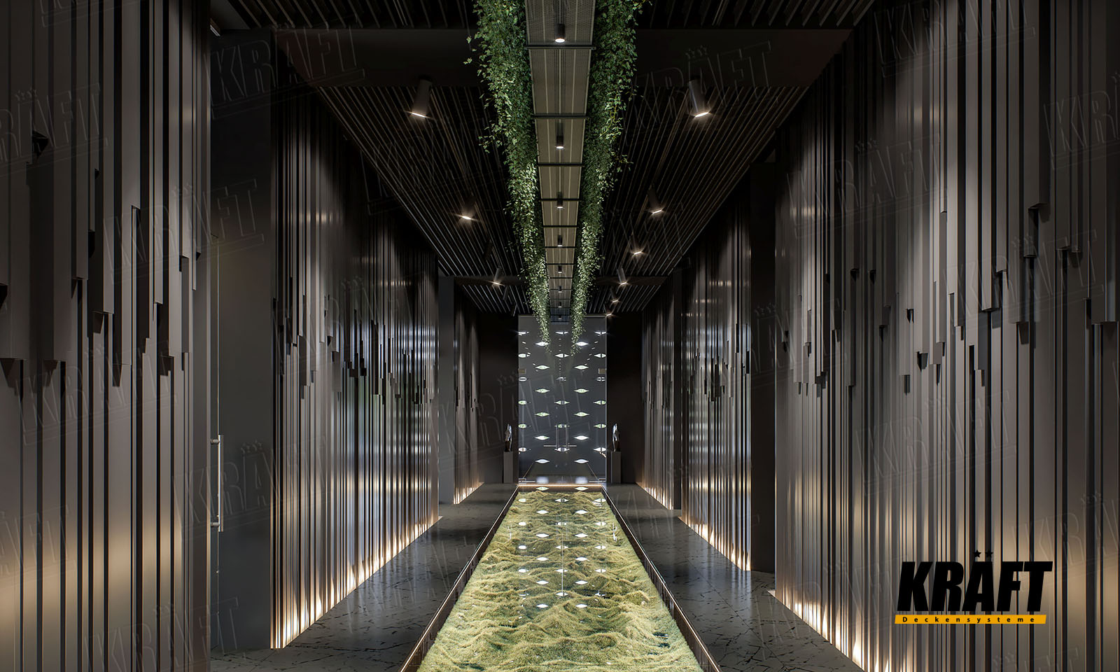 Suspended ceiling with plate-shaped rail, Wall cladding with cube-shaped rail