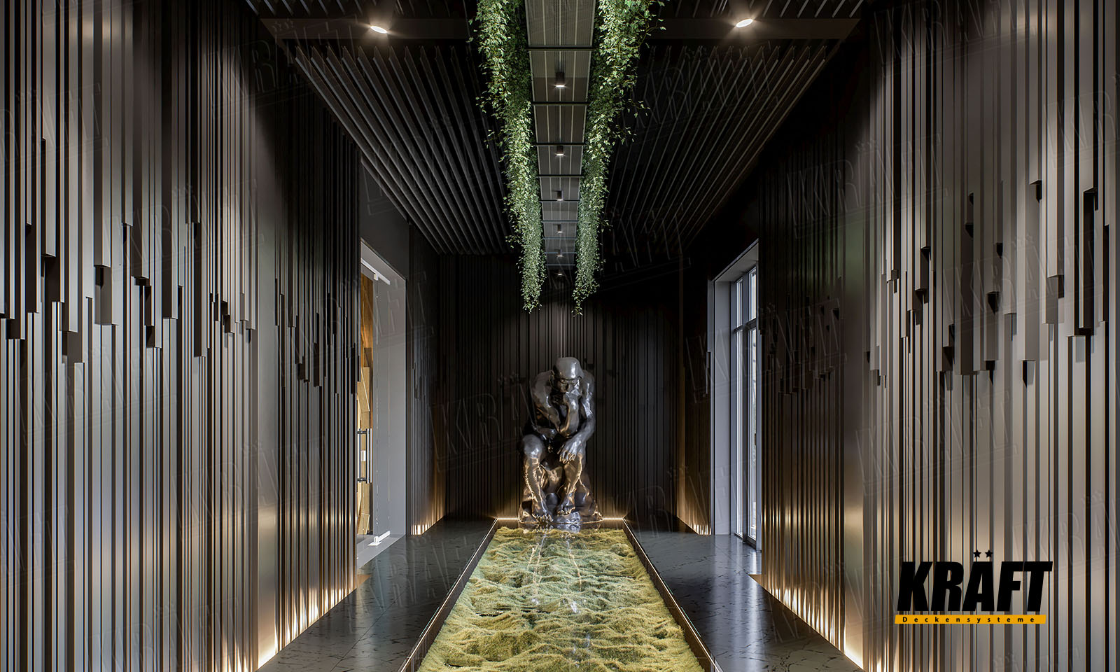 Suspended ceiling with plate-shaped rail, Wall cladding with cube-shaped rail