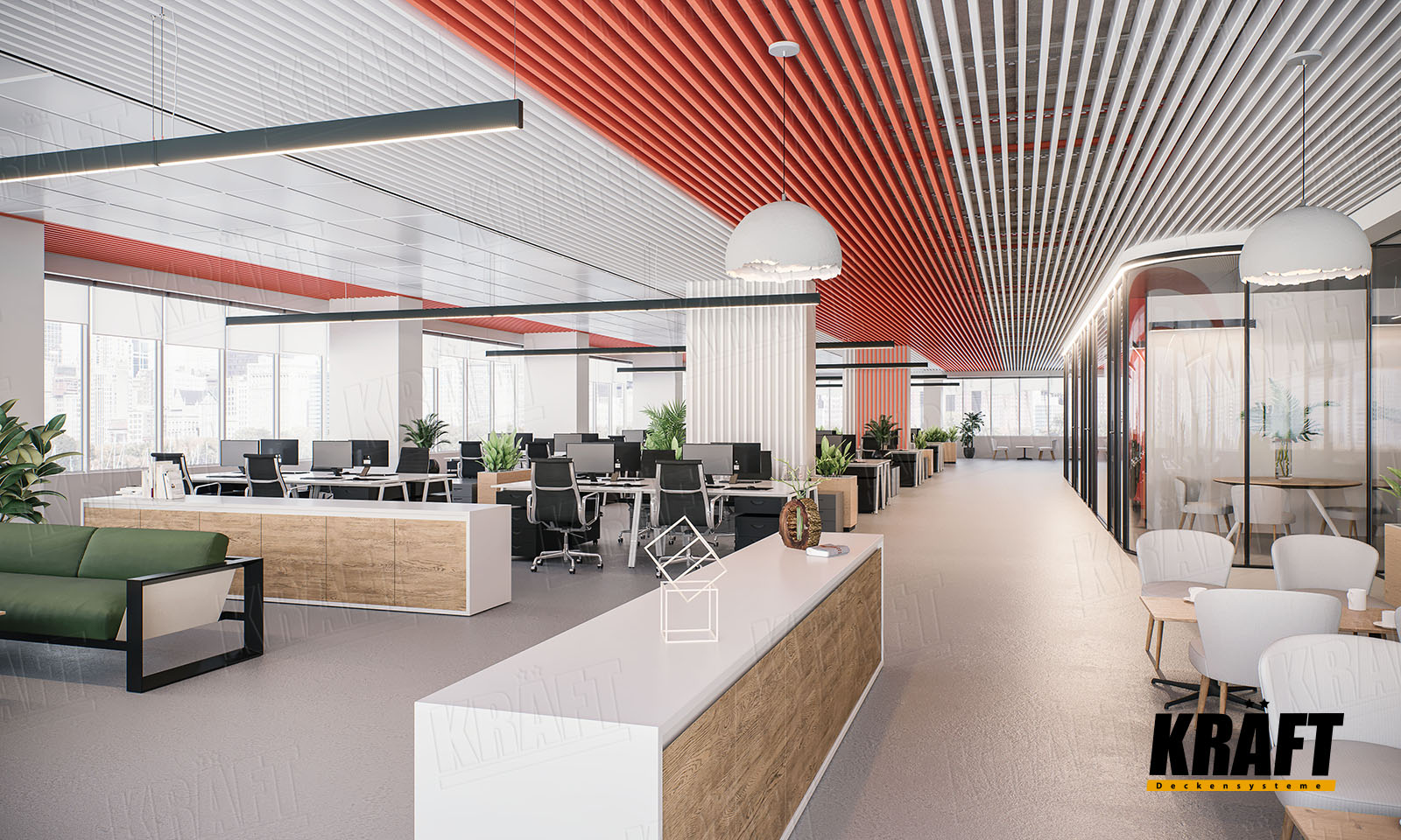 Sufit podwieszany z panelami siatkowymi i listwy kubicznej KRAFT