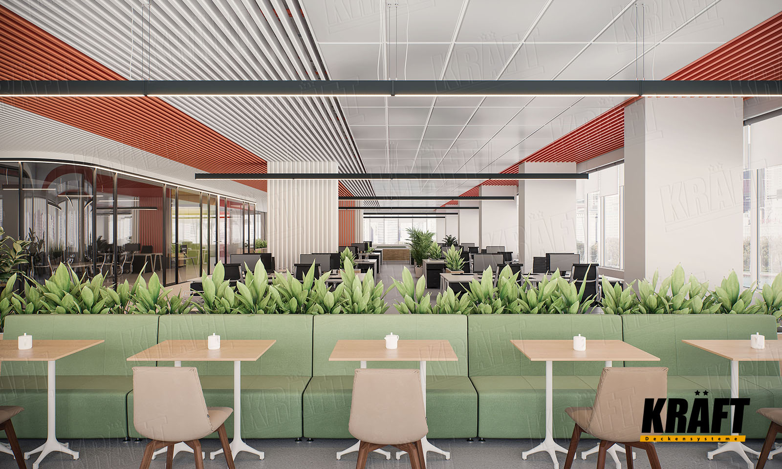 Sufit podwieszany z panelami siatkowymi i listwy kubicznej KRAFT