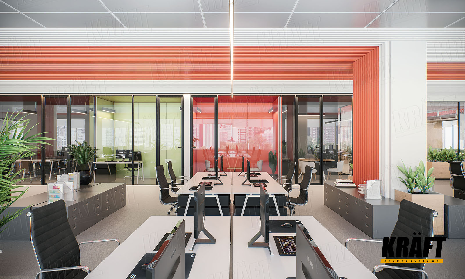 Sufit podwieszany z panelami siatkowymi i listwy kubicznej KRAFT