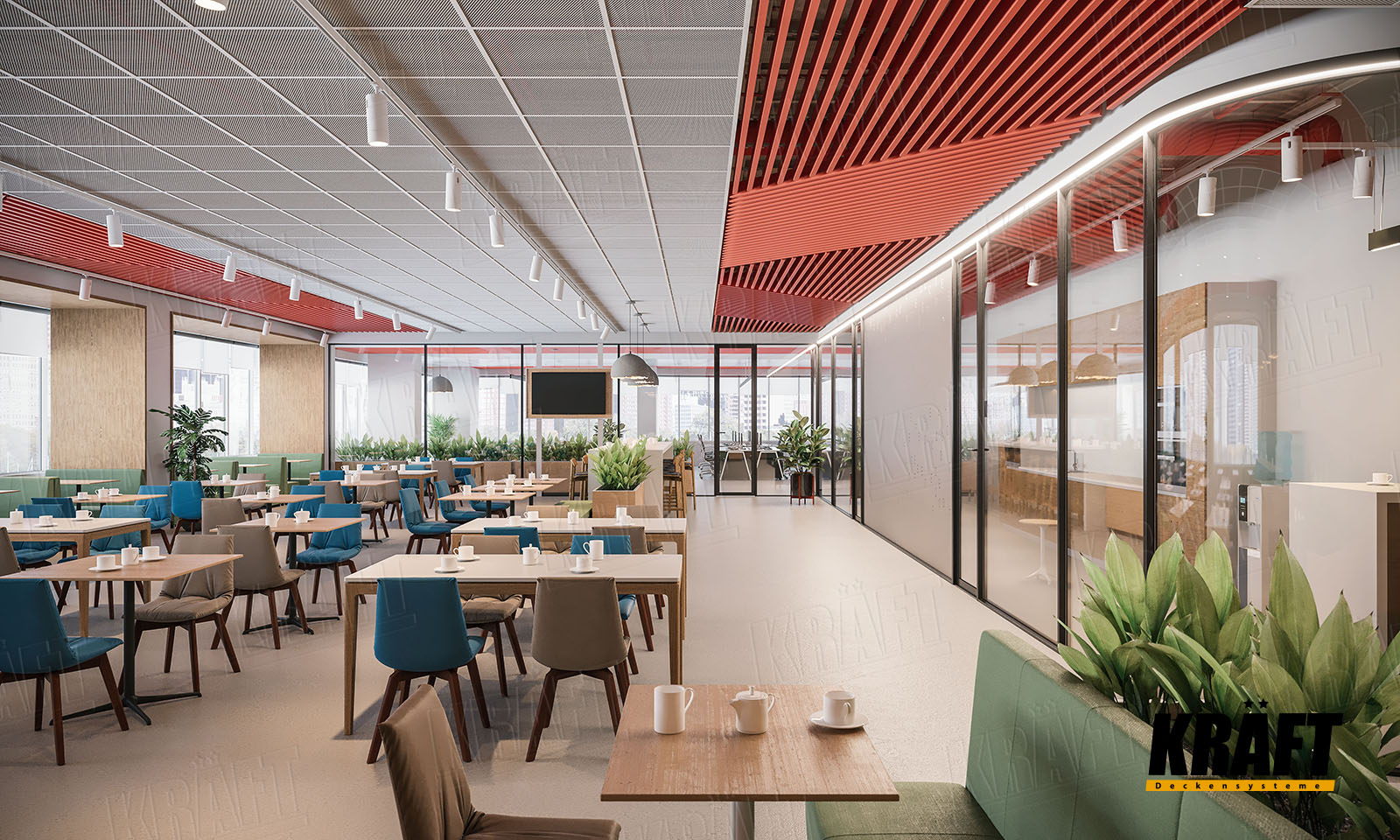 Sufit podwieszany z panelami siatkowymi i z listwy kubicznej KRAFT