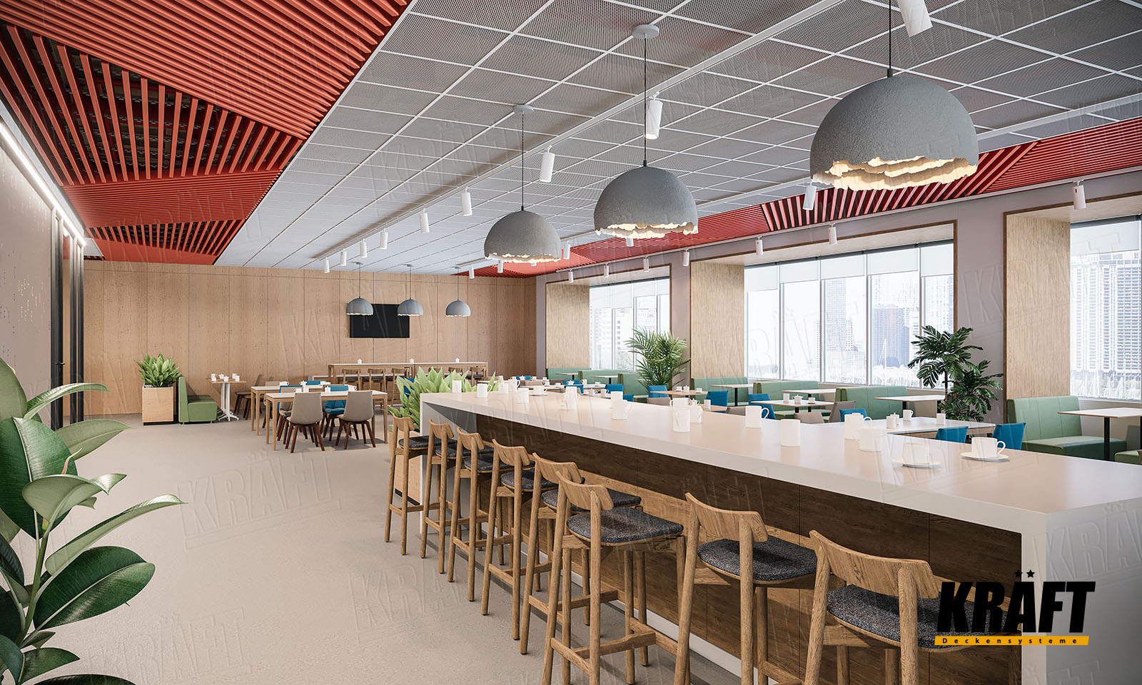 Sufit podwieszany z panelami siatkowymi i listwy kubicznej KRAFT