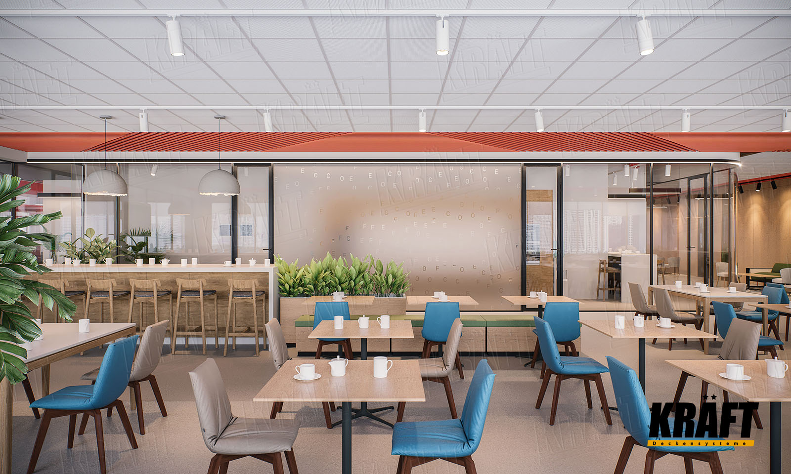 Sufit podwieszany z panelami siatkowymi i listwy kubicznej KRAFT