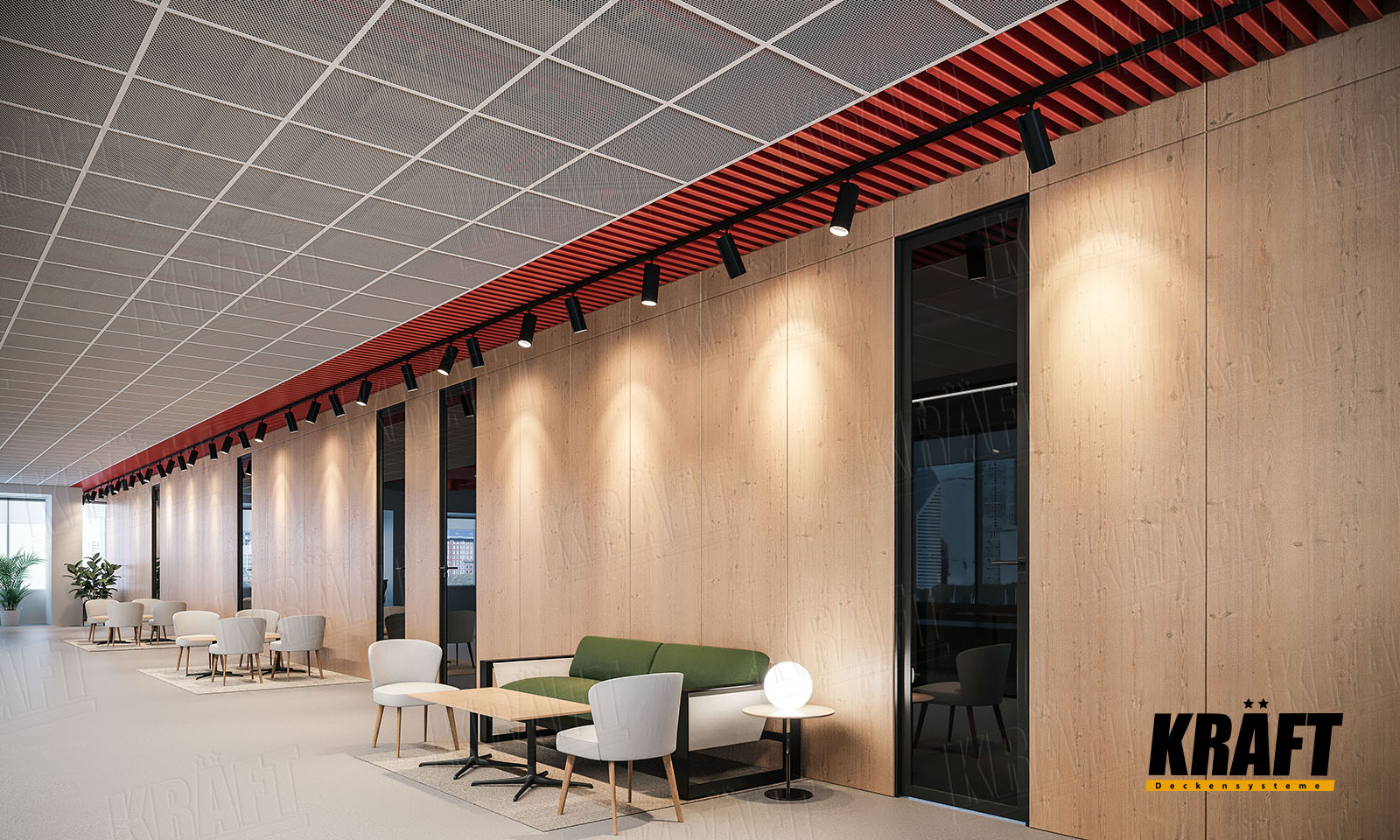 Sufit podwieszany z panelami siatkowymi i listwy kubicznej KRAFT