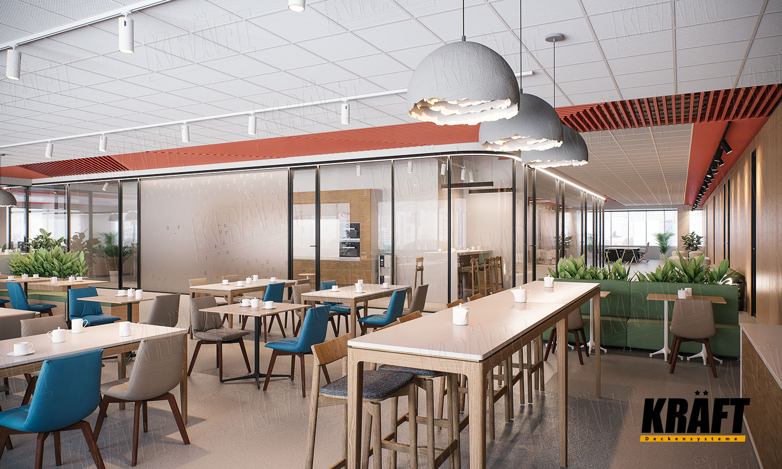 Sufit podwieszany z panelami siatkowymi i listwy kubicznej KRAFT