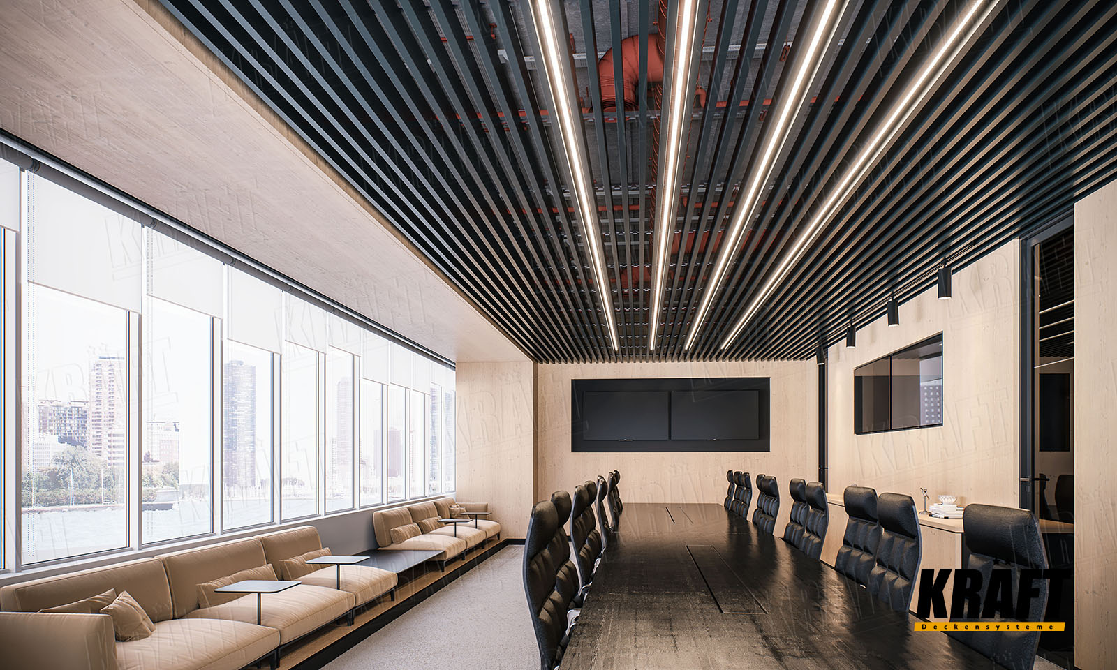 Sufit podwieszany z panelami siatkowymi i listwy kubicznej KRAFT