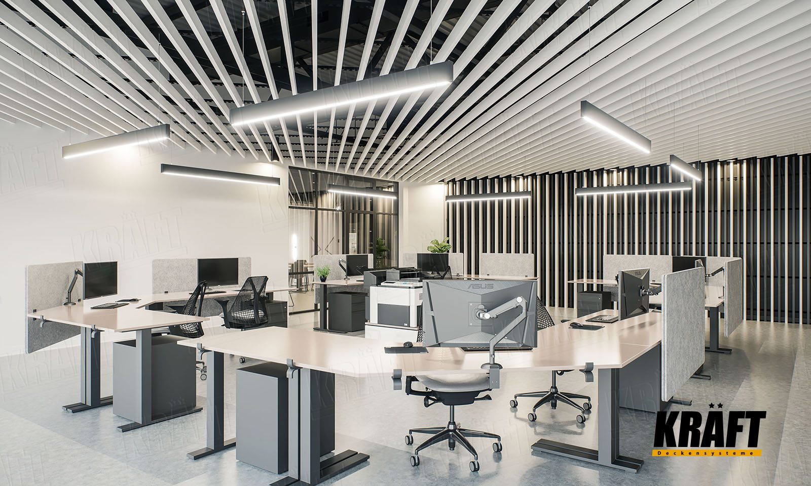 Sufit podwieszany z listew kubicznych z oprawami KRAFT InterioLED oraz ozdobna dekoracja ścienna z listew kubicznych Sufity podwieszane Kraft w biurze: sufit listwowy, sufit rastrowy, sufit akustyczny kasetonowy