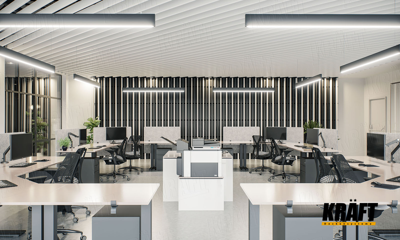 Sufity podwieszane Kraft w biurze: sufit listwowy, sufit rastrowy, sufit akustyczny kasetonowy