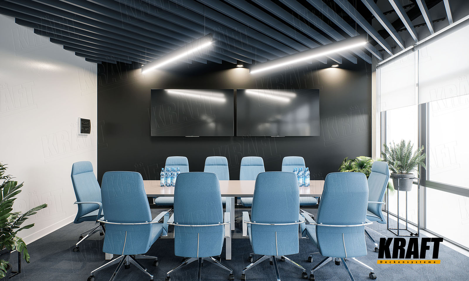 Oprawy oświetleniowe KRAFT InterioLed w sali konferencyjnej z sufitem listwowym Sufity podwieszane Kraft w biurze: sufit listwowy, sufit rastrowy, sufit akustyczny kasetonowy