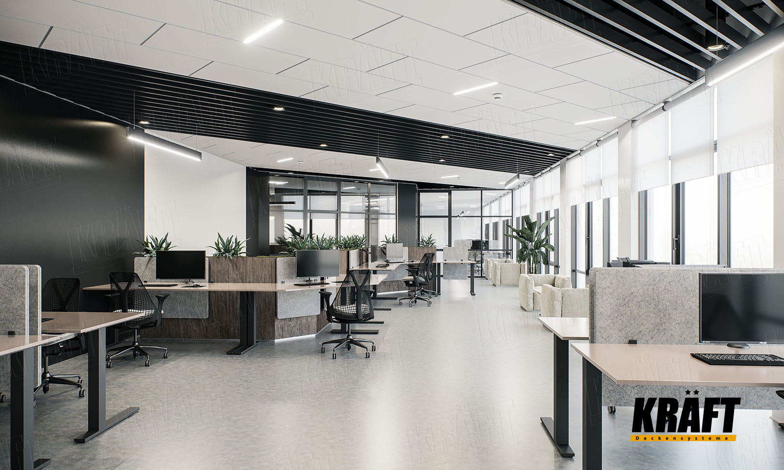 Sufity podwieszane Kraft w biurze: sufit listwowy, sufit rastrowy, sufit akustyczny kasetonowy