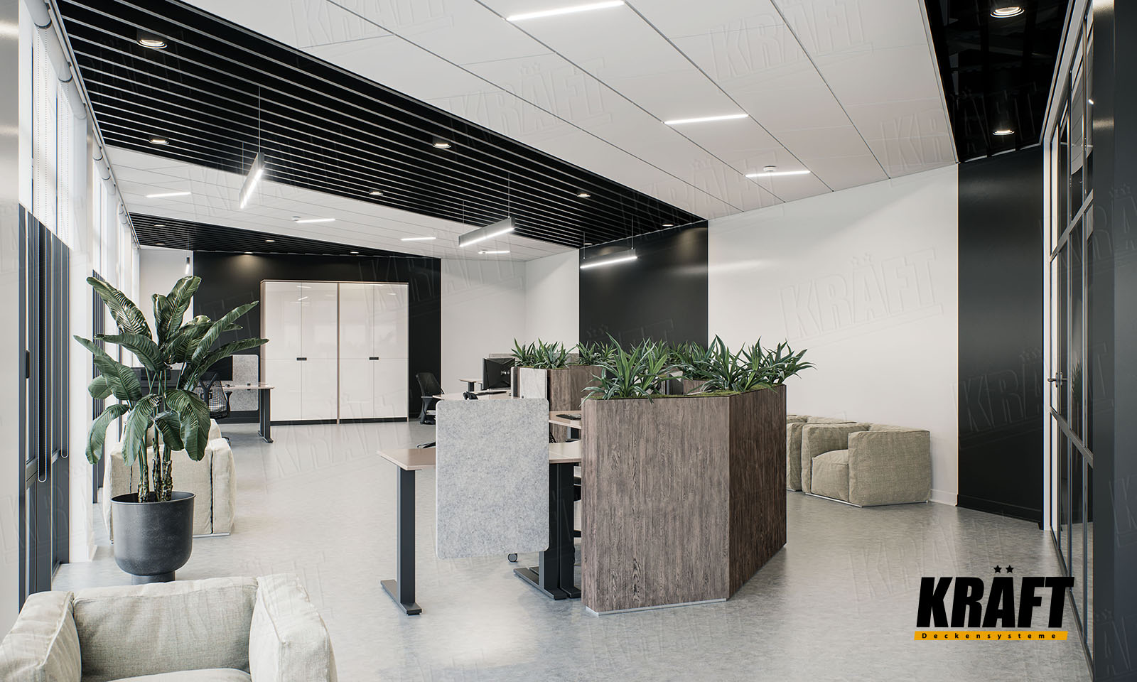 Oprawy KRAFT T-Led na suficie z płytą mineralną Sufity podwieszane Kraft w biurze: sufit listwowy, sufit rastrowy, sufit akustyczny kasetonowy