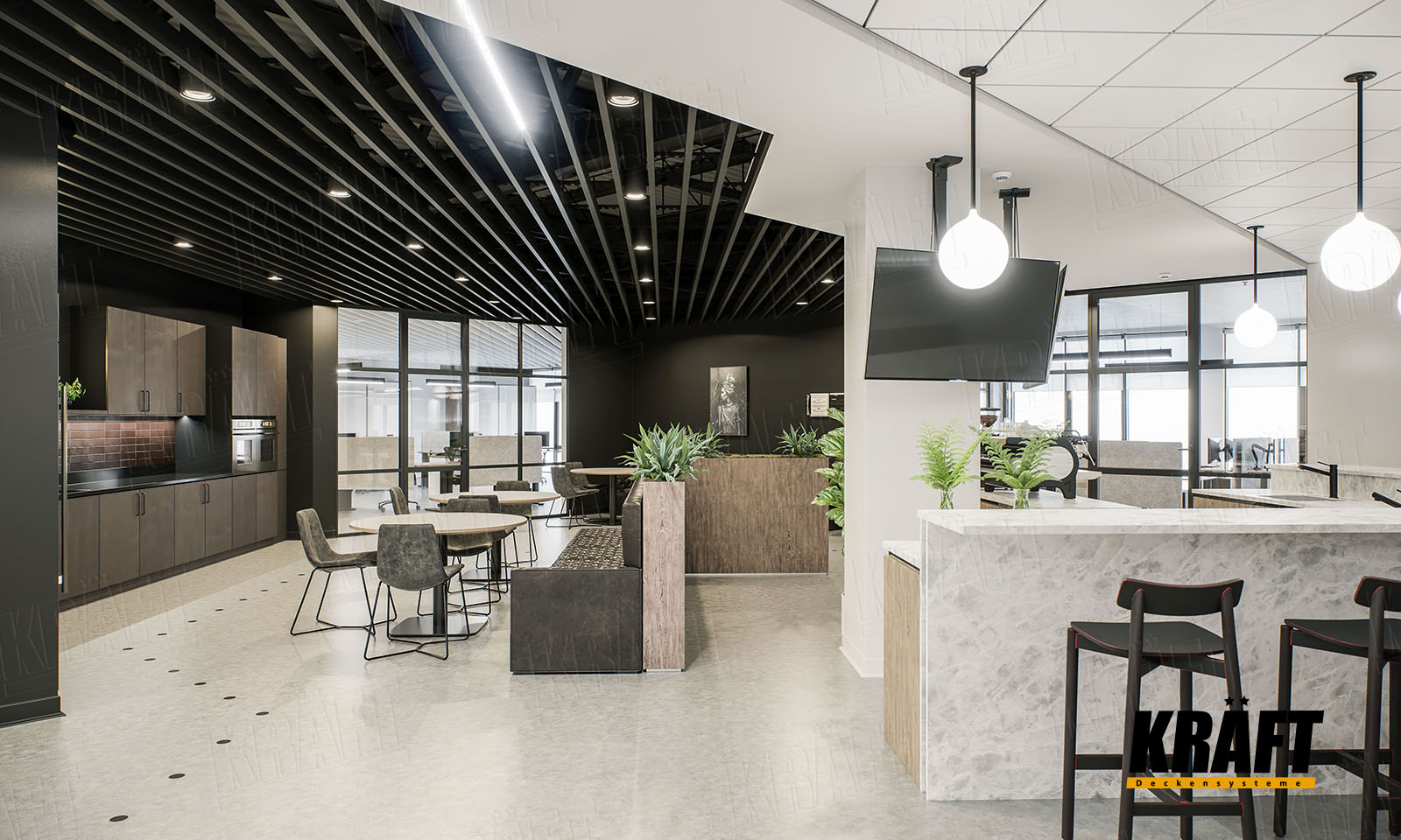 Sufity podwieszane Kraft w biurze: sufit listwowy, sufit rastrowy, sufit akustyczny kasetonowy