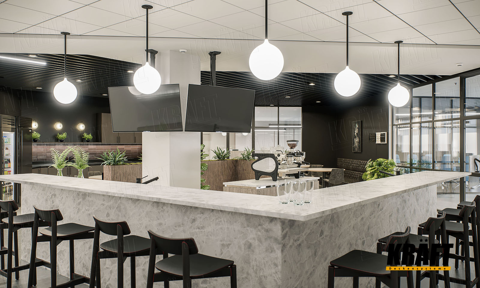 Sufity podwieszane Kraft w biurze: sufit listwowy, sufit rastrowy, sufit akustyczny kasetonowy