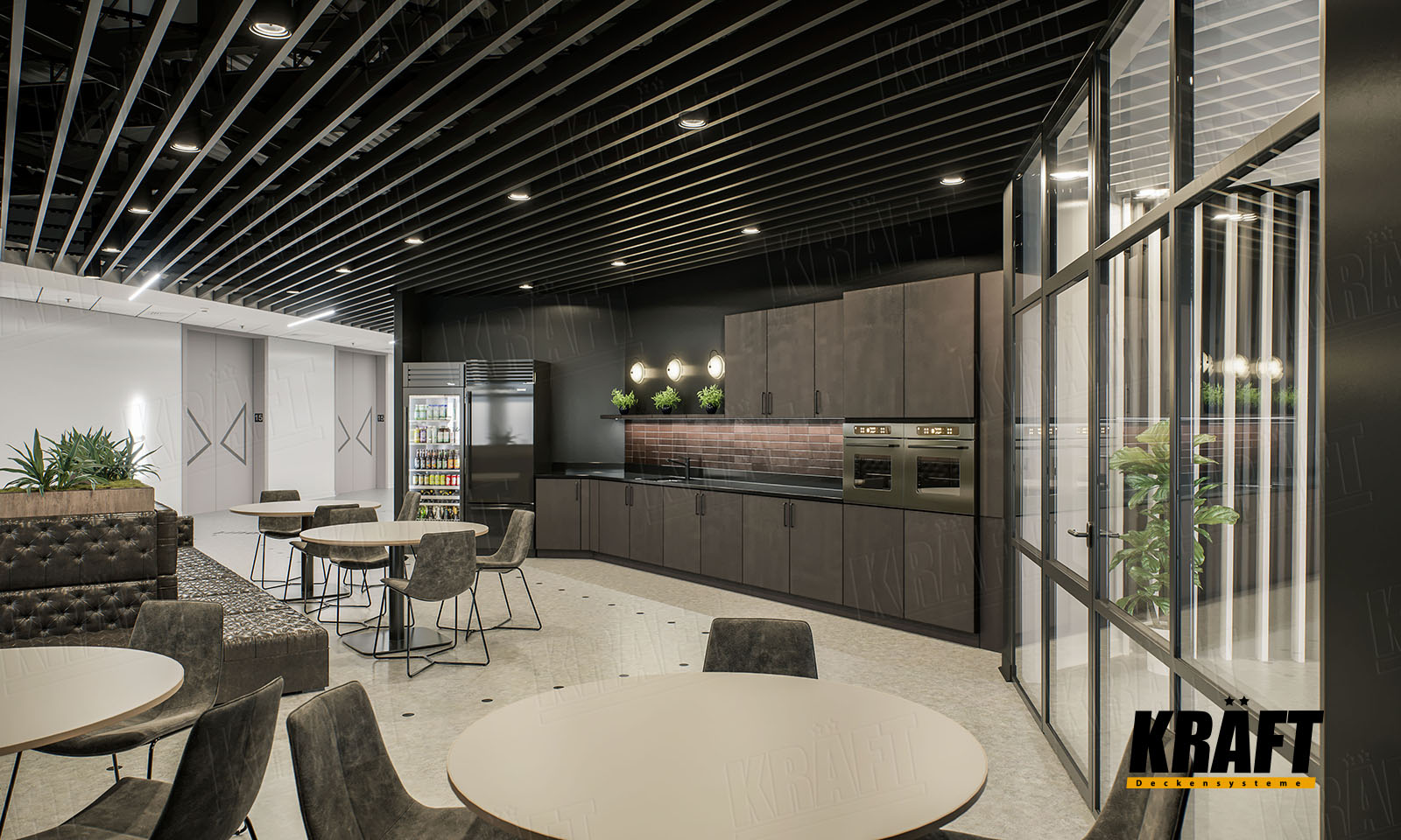 Sufity podwieszane Kraft w biurze: sufit listwowy, sufit rastrowy, sufit akustyczny kasetonowy