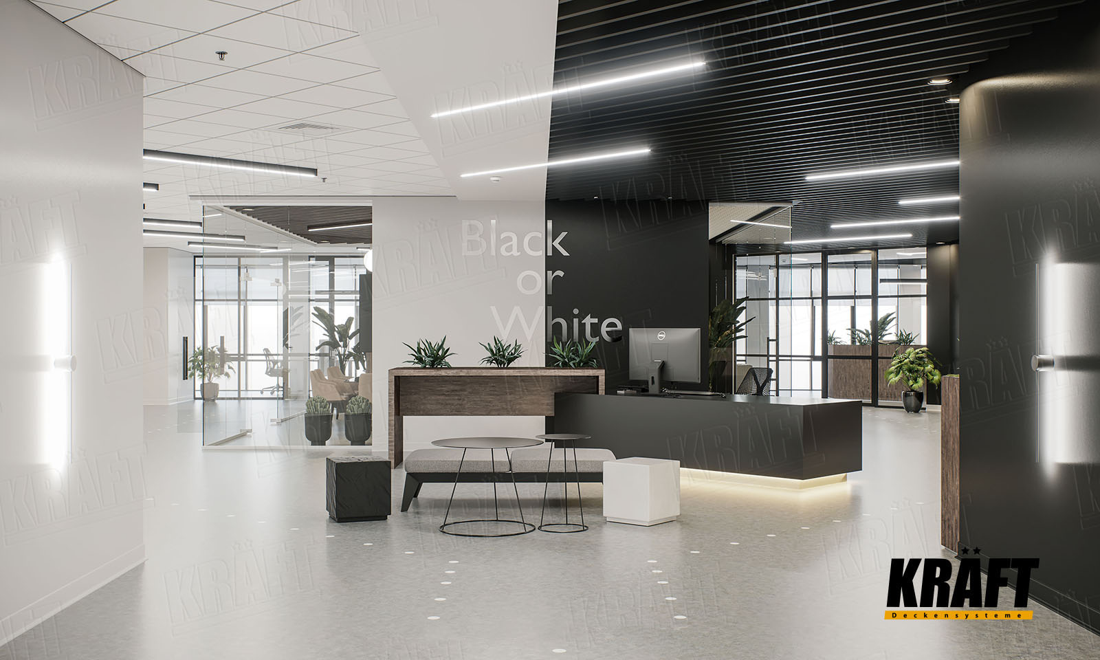 Sufity podwieszane Kraft w biurze: sufit listwowy, sufit rastrowy, sufit akustyczny kasetonowy