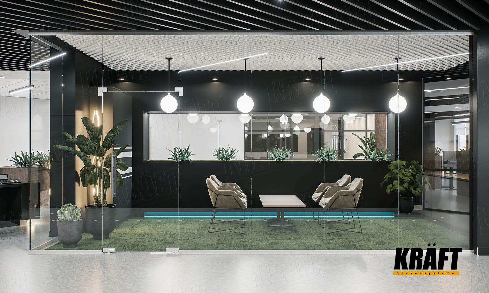 Sufit podwieszany rastrowy w sali konferencyjnej z oprawami KRAFT G-Led 1200 mm Sufity podwieszane Kraft w biurze: sufit listwowy, sufit rastrowy, sufit akustyczny kasetonowy