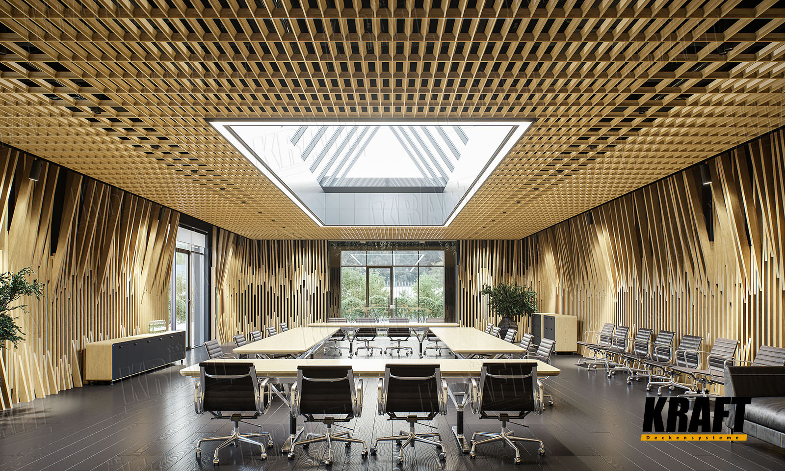 Sufit rastrowy o strukturze piramidalnej KRAFT i nietypowy dekor z listwy kubicznej KRAFT we wnętrzu biurowym