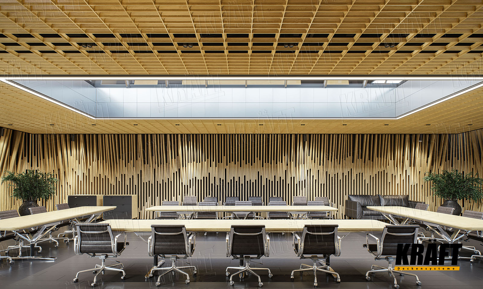 Sufit rastrowy o strukturze piramidalnej KRAFT i nietypowy dekor z listwy kubicznej KRAFT we wnętrzu biurowym