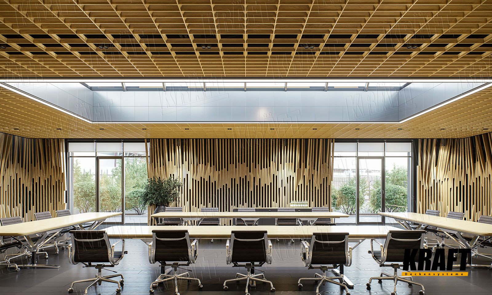 Sufit rastrowy o strukturze piramidalnej KRAFT i nietypowy dekor z listwy kubicznej KRAFT we wnętrzu biurowym