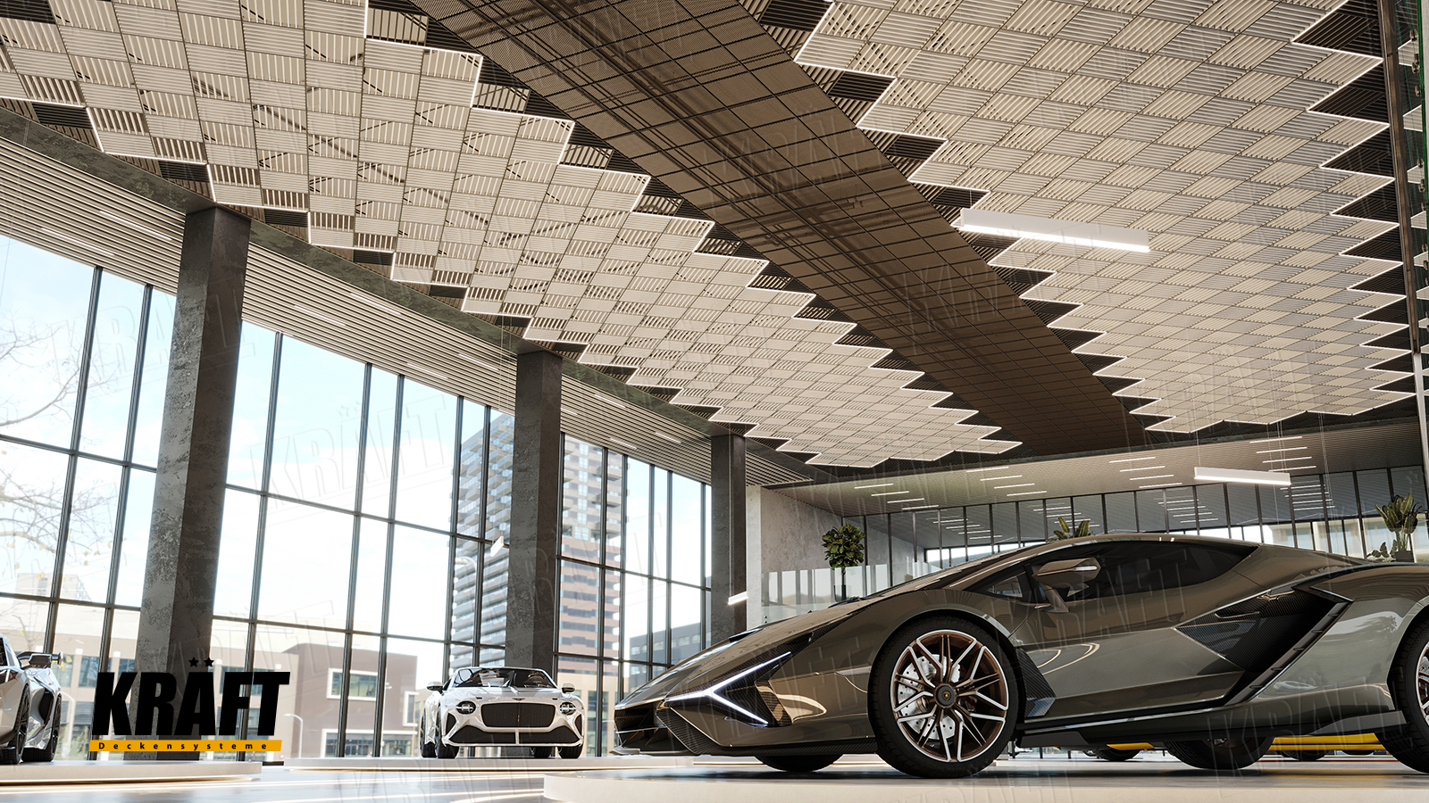 Designerskie sufity podwieszane KRAFT w salonie samochodowym: sufity listwowe, sufity rastrowe, panele siatkowe
