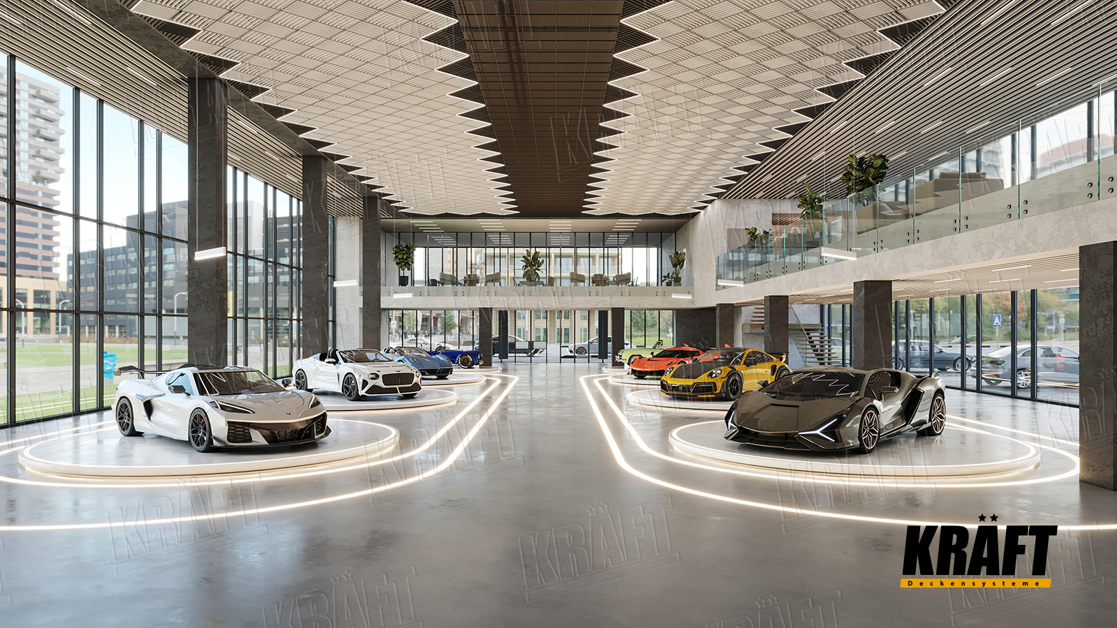 Designerskie sufity podwieszane KRAFT w salonie samochodowym: sufity listwowe, sufity rastrowe, panele siatkowe